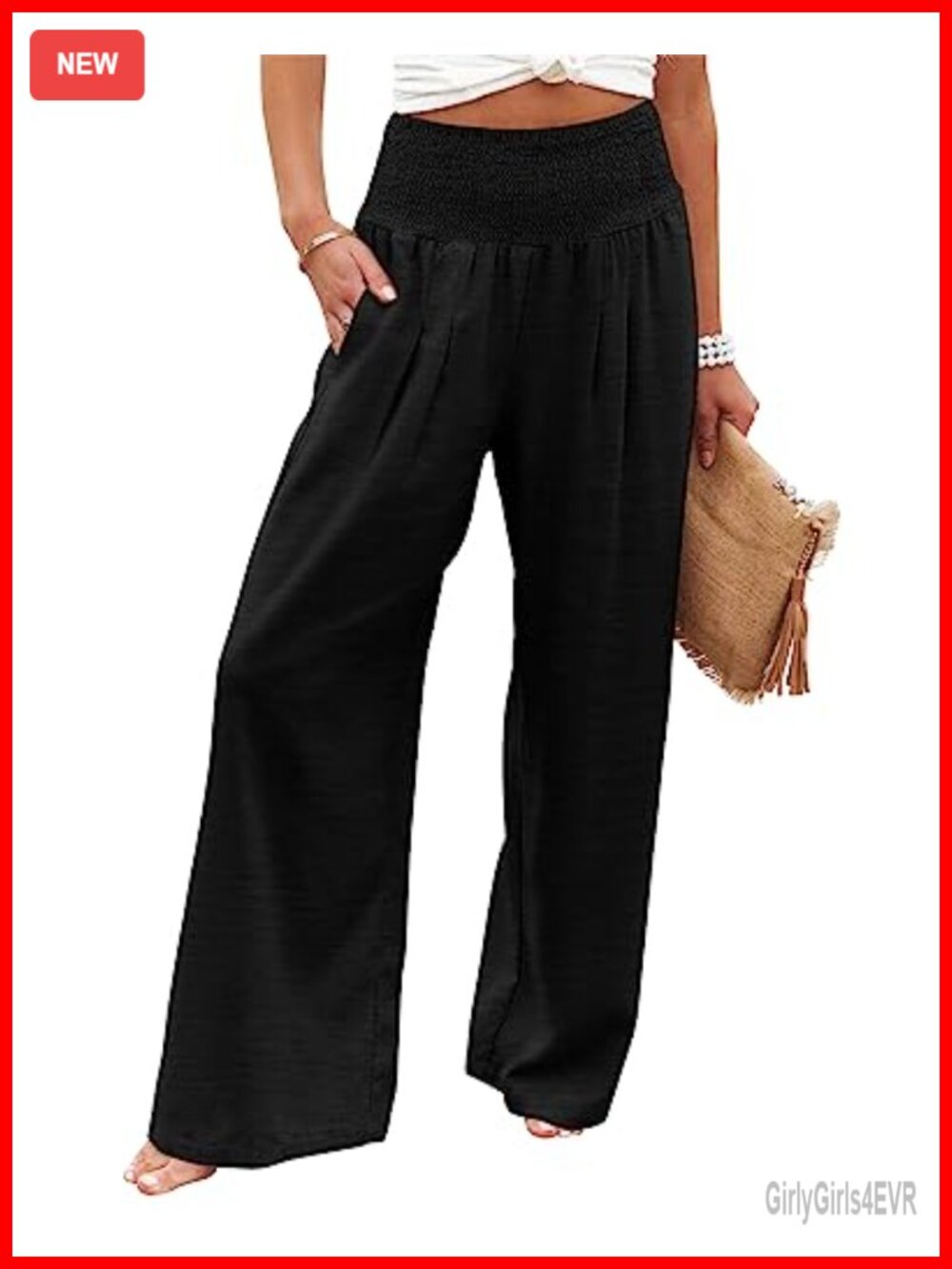 Womens Elastic High Waisted Wide Leg Palazzo Lounge Pants with Pockets